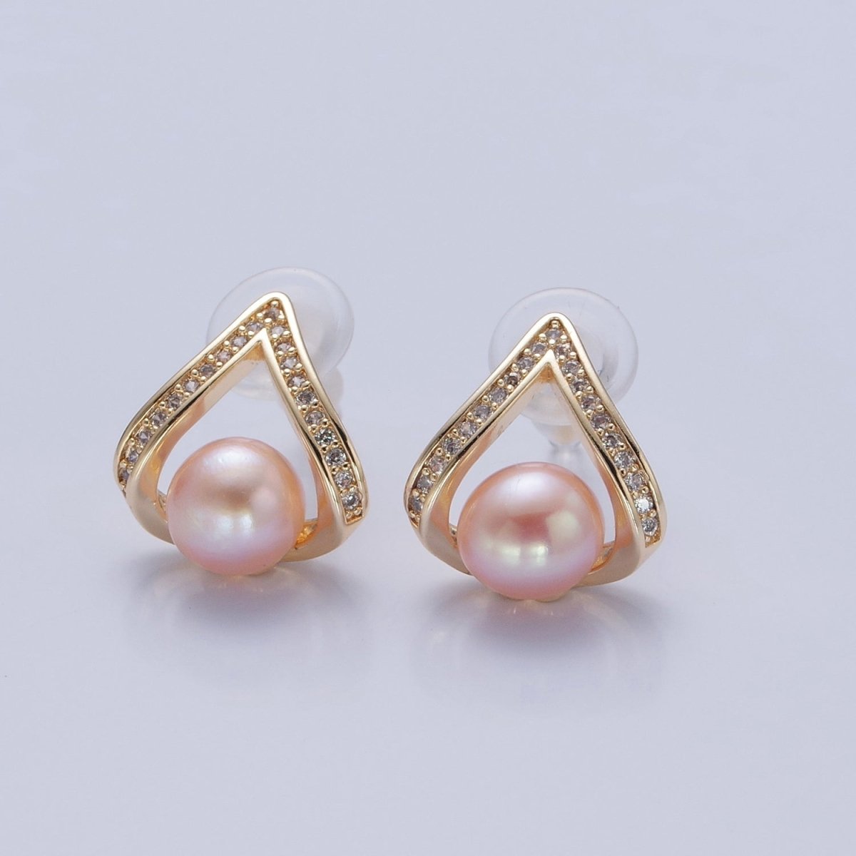 Pink Pearl Stud Earring with Gold Pave for Wedding Jewelry T-526