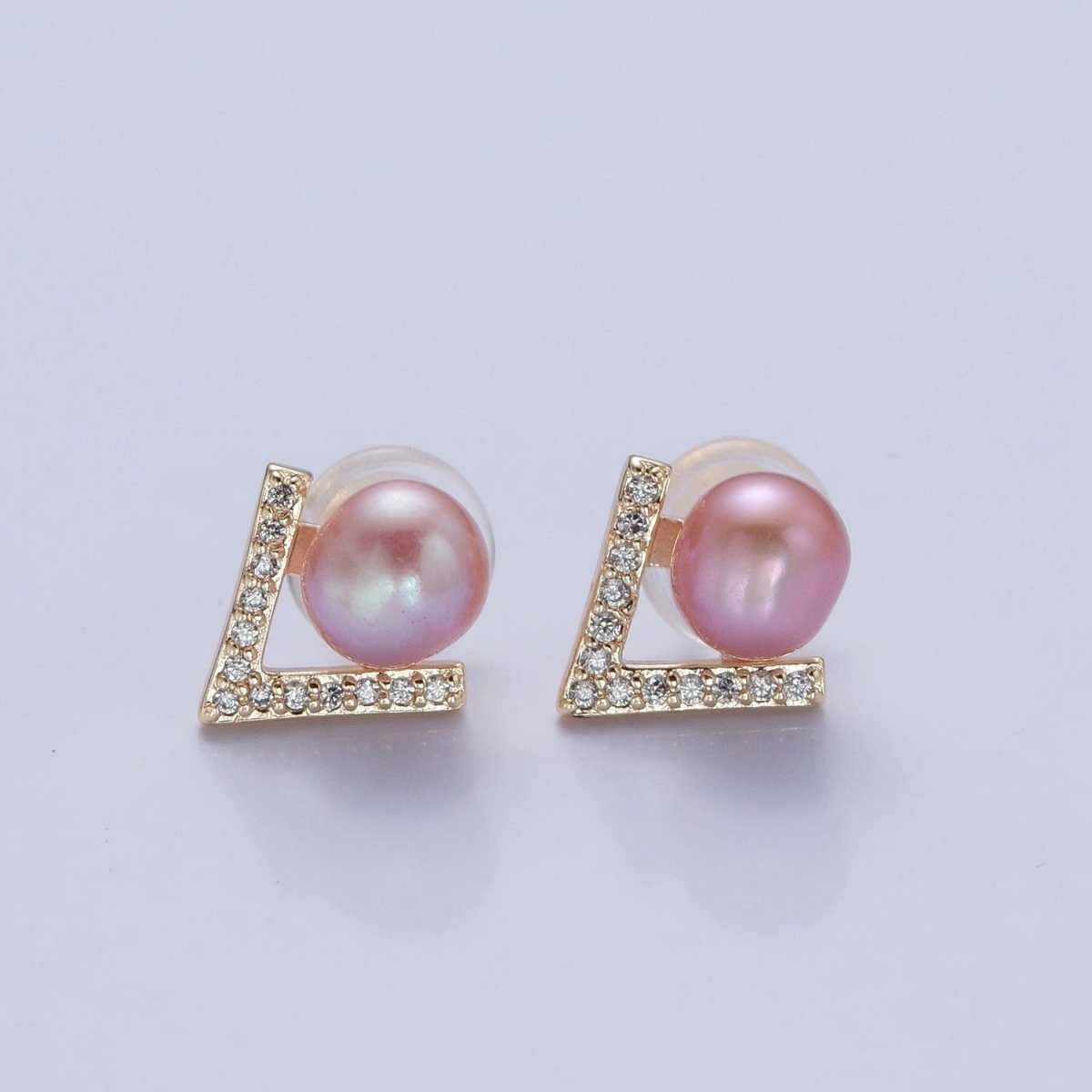 Pink Pearl Stud Earring with Gold Pave for Wedding Jewelry T-534