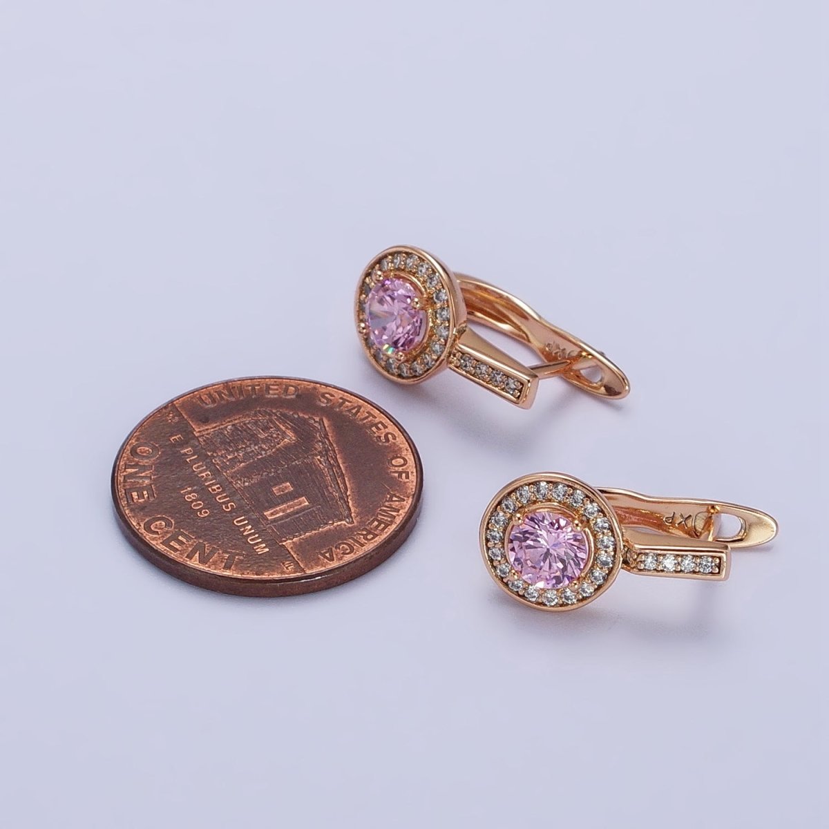 Pink Round Clear Micro Paved CZ Rosey Gold English Lock Earrings | AB419