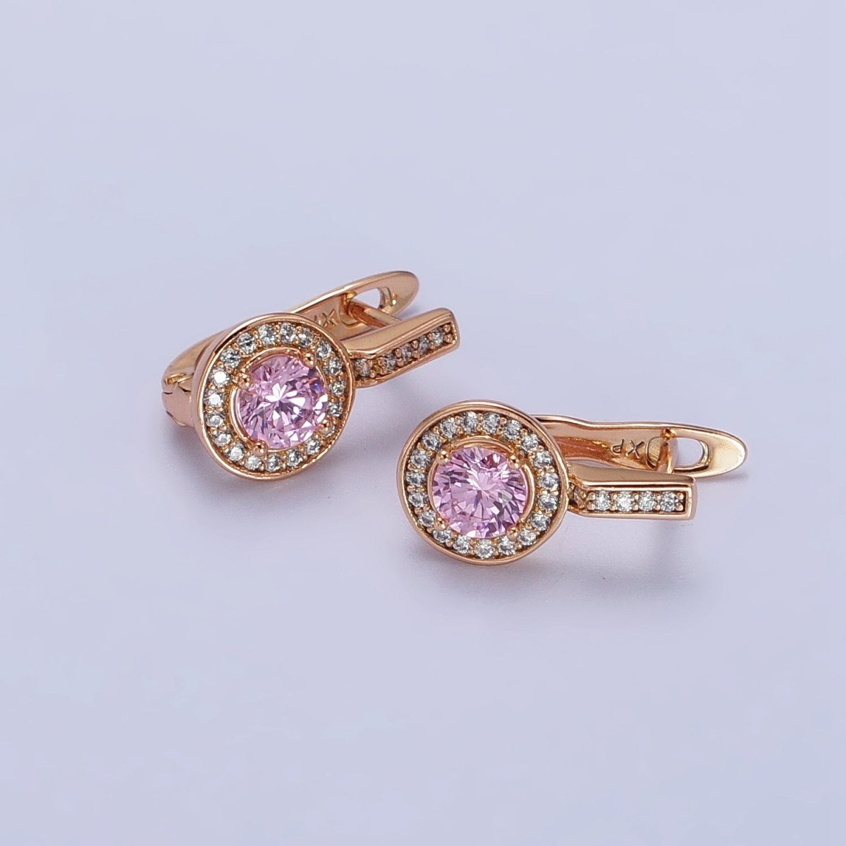 Pink Round Clear Micro Paved CZ Rosey Gold English Lock Earrings | AB419
