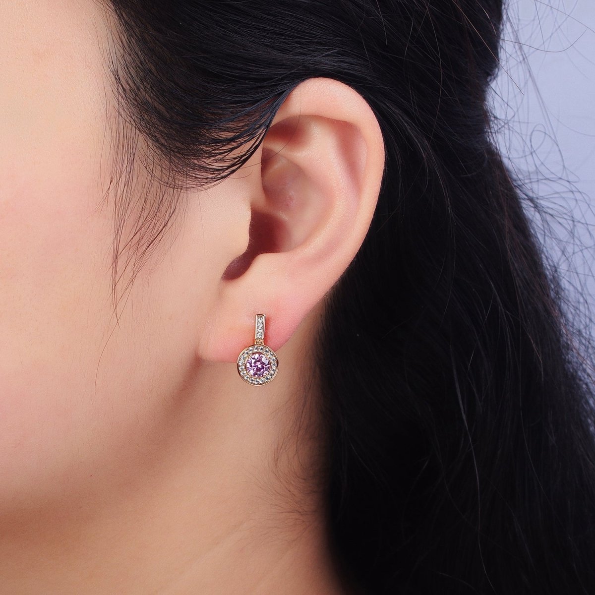 Pink Round Clear Micro Paved CZ Rosey Gold English Lock Earrings | AB419
