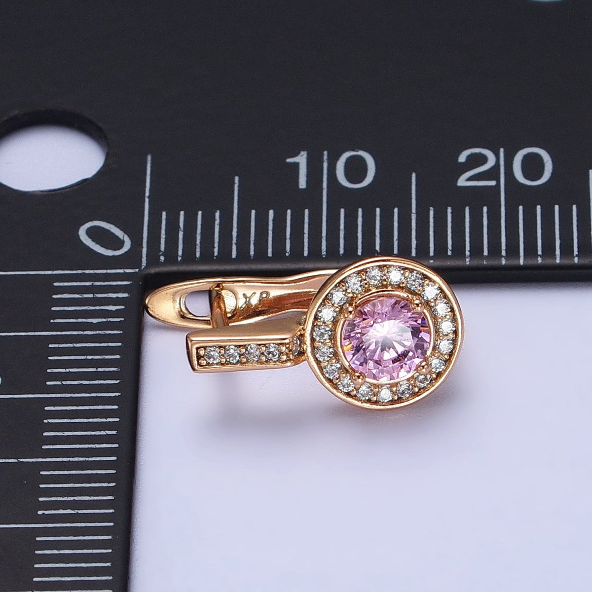 Pink Round Clear Micro Paved CZ Rosey Gold English Lock Earrings | AB419