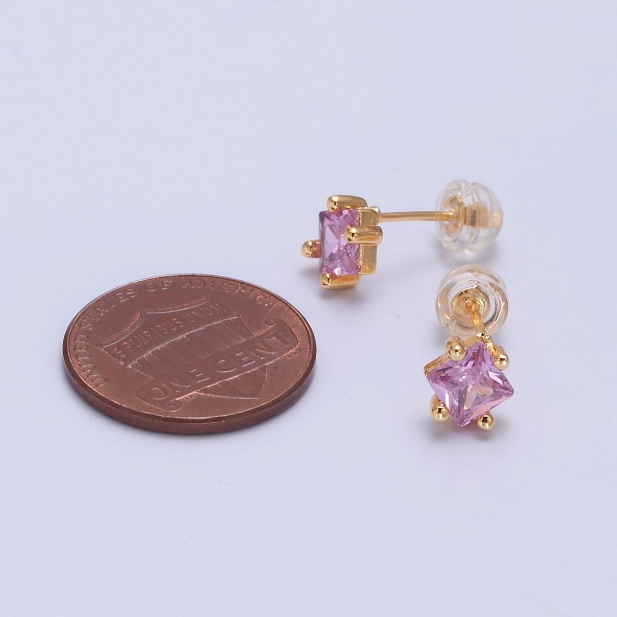 Pink Square Stud Earrings Princess Cut Cubic Zirconia Stones T-391