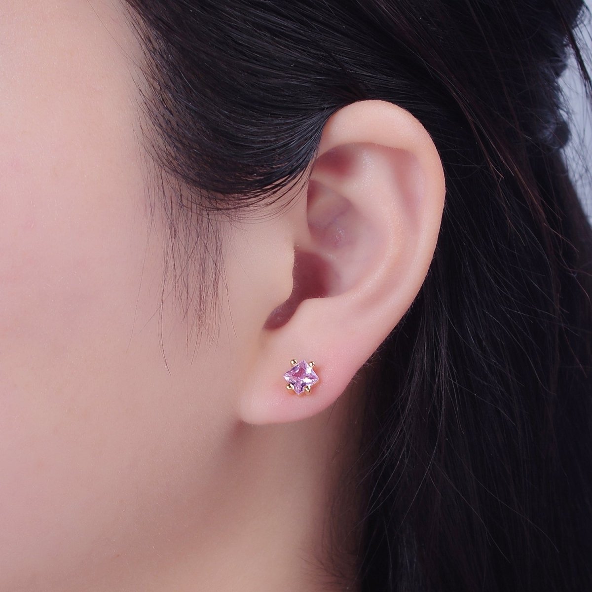 Pink Square Stud Earrings Princess Cut Cubic Zirconia Stones T-391