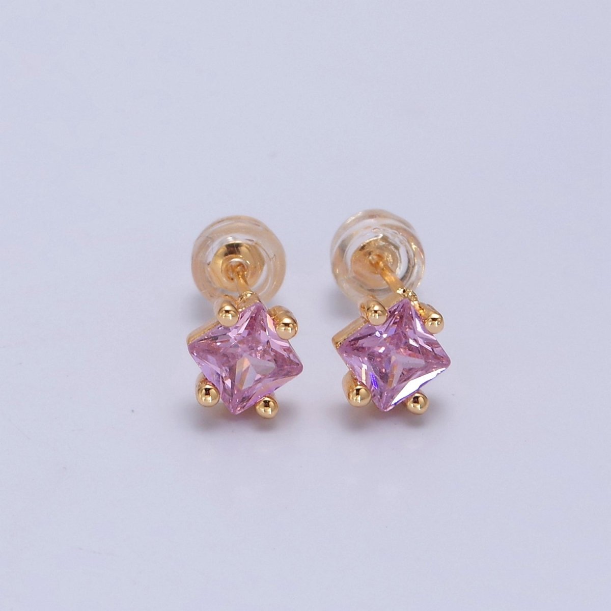 Pink Square Stud Earrings Princess Cut Cubic Zirconia Stones T-391