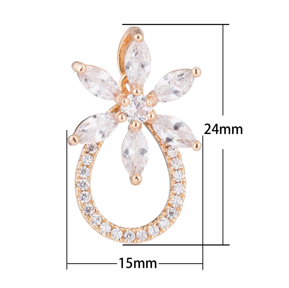 Pinky Gold Tear Drop Pear Shape Flower Floral Beauty Gifts Cubic Zirconia Necklace Pendant Charm Bead Bails Findings for Jewelry Making H-162