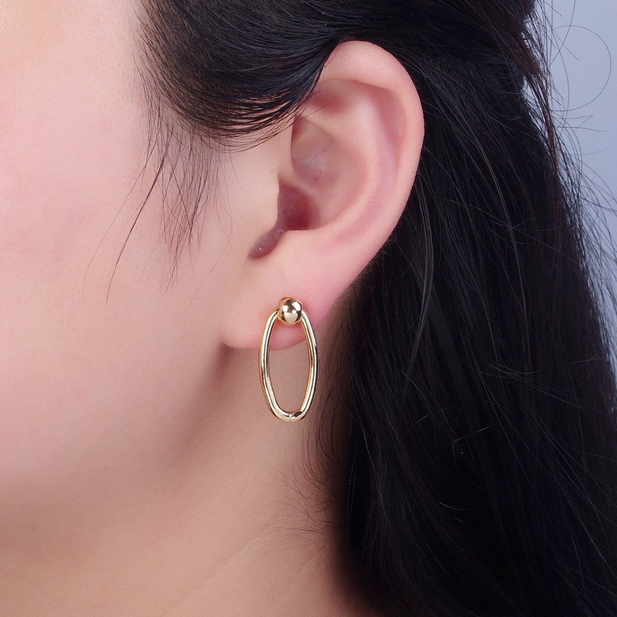 Post Earrings, Gold Hoop Earrings, Post with Hoop, Oval Hoop Earring V-391
