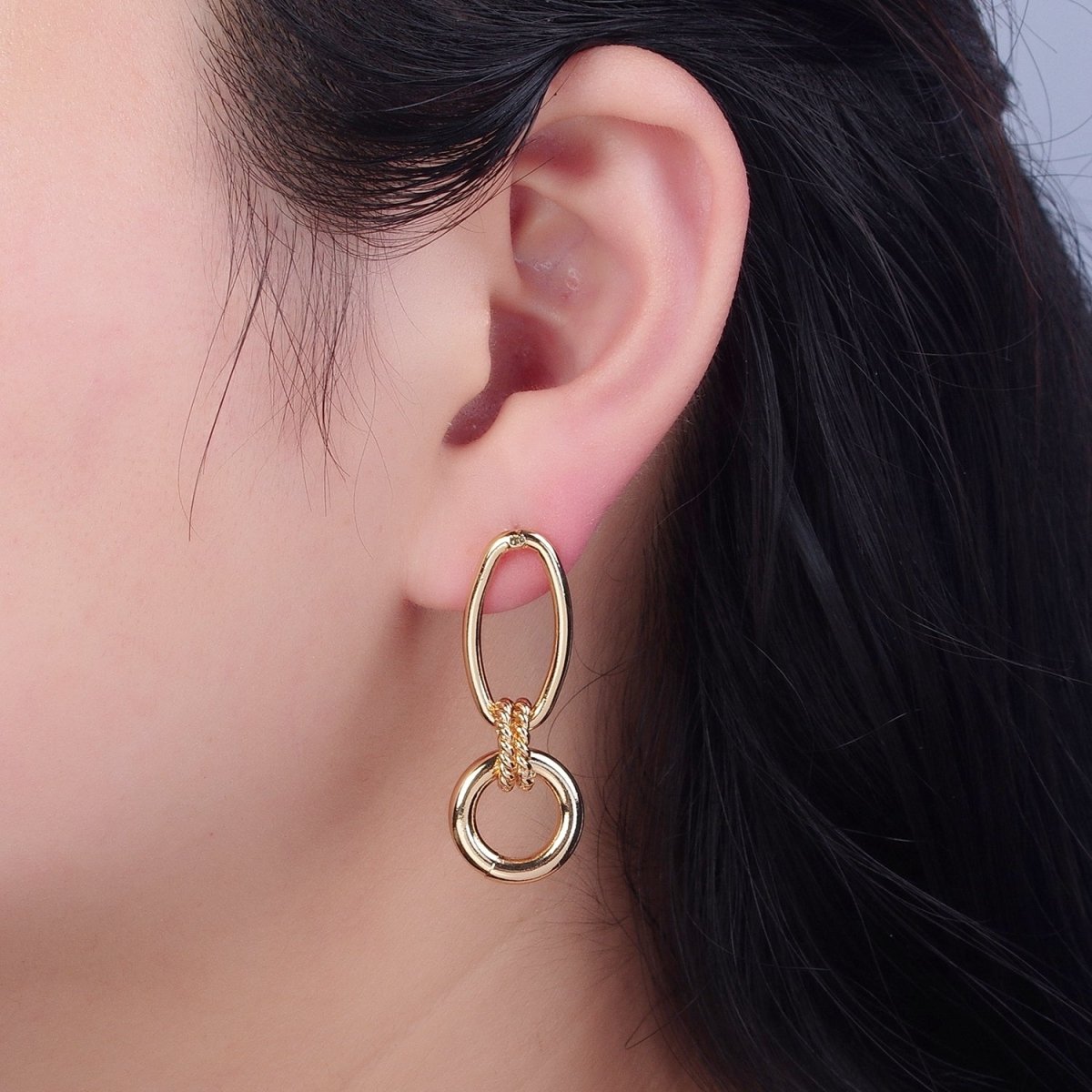 Post Earrings, Gold Hoop Earrings, Post with Hoop, Oval Stud Earring V-394