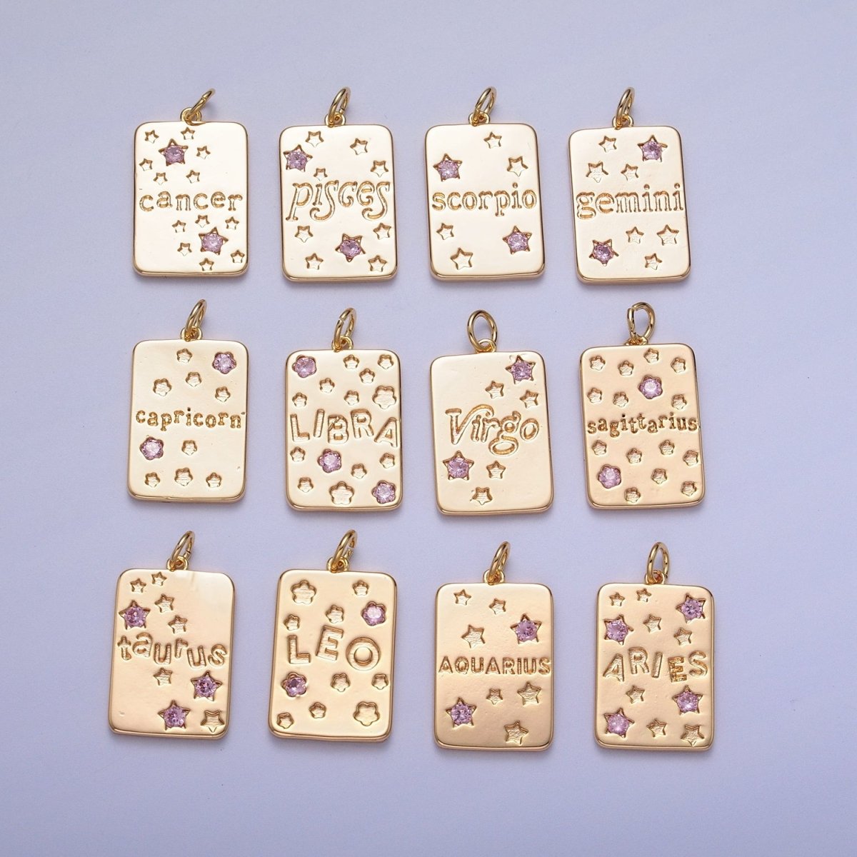 Pretty Gold Zodiac Cham Square Tag Horoscope Charm with Pink Cz Star | A-A1743-A-A1748