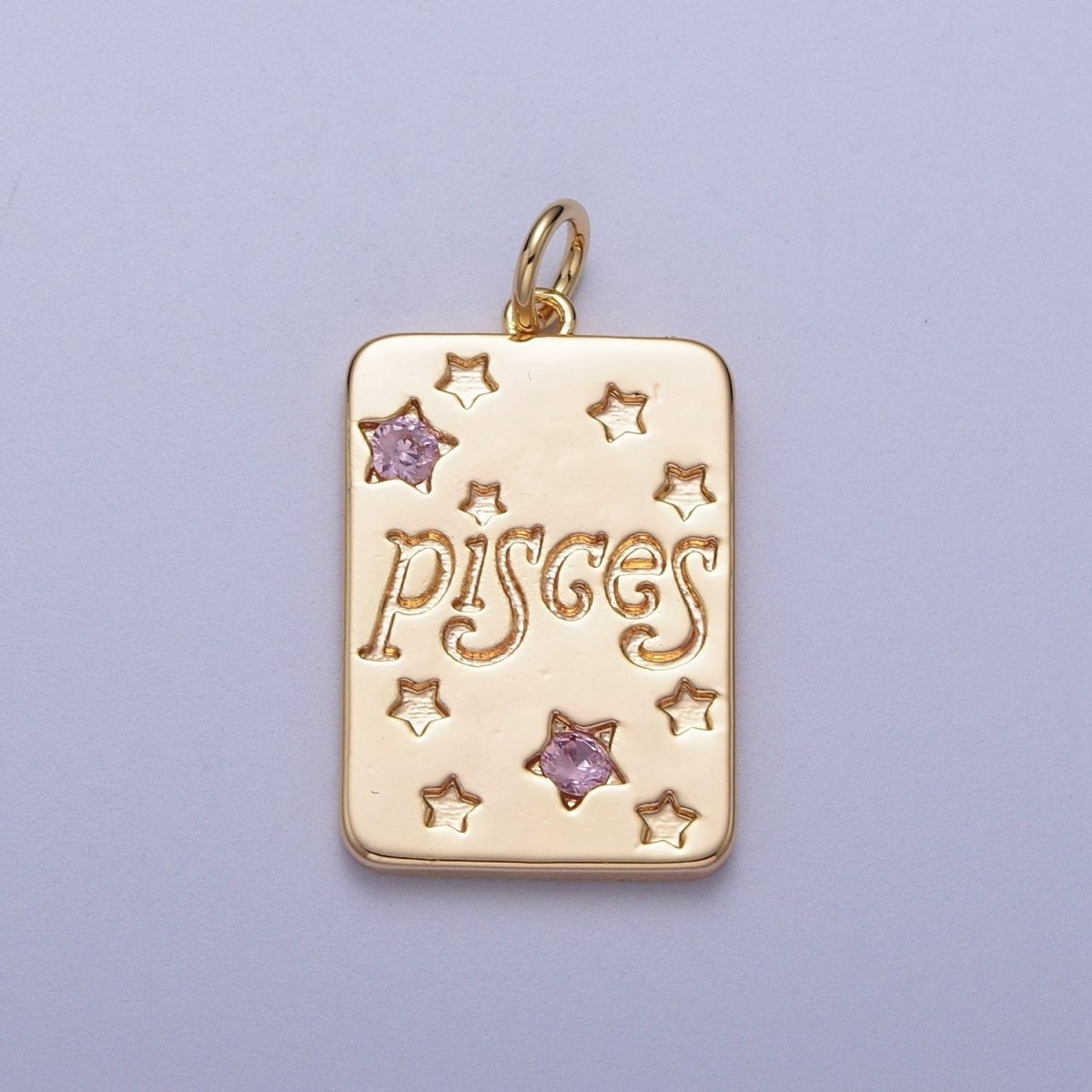 Pretty Gold Zodiac Cham Square Tag Horoscope Charm with Pink Cz Star | A-A1743-A-A1748