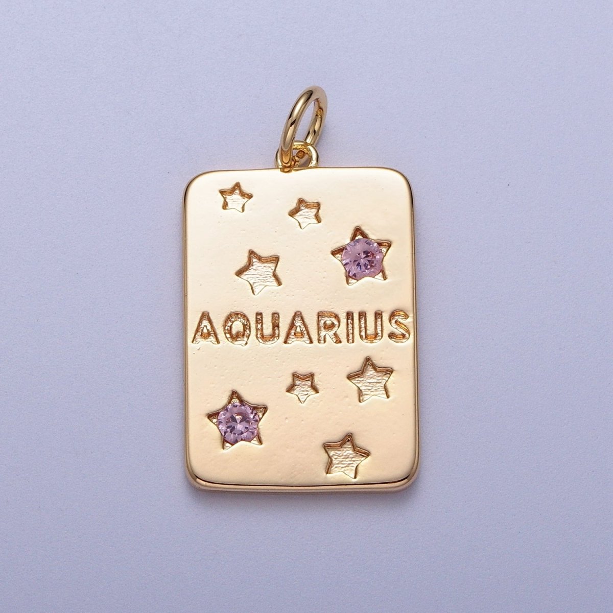 Pretty Gold Zodiac Cham Square Tag Horoscope Charm with Pink Cz Star | A-A1743-A-A1748