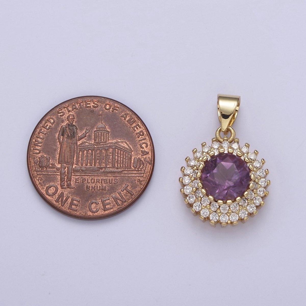 Purple Amethyst Round Charm with Clear Cubic Zircon Pendant for Minimalist Jewelry Gemstone H-835