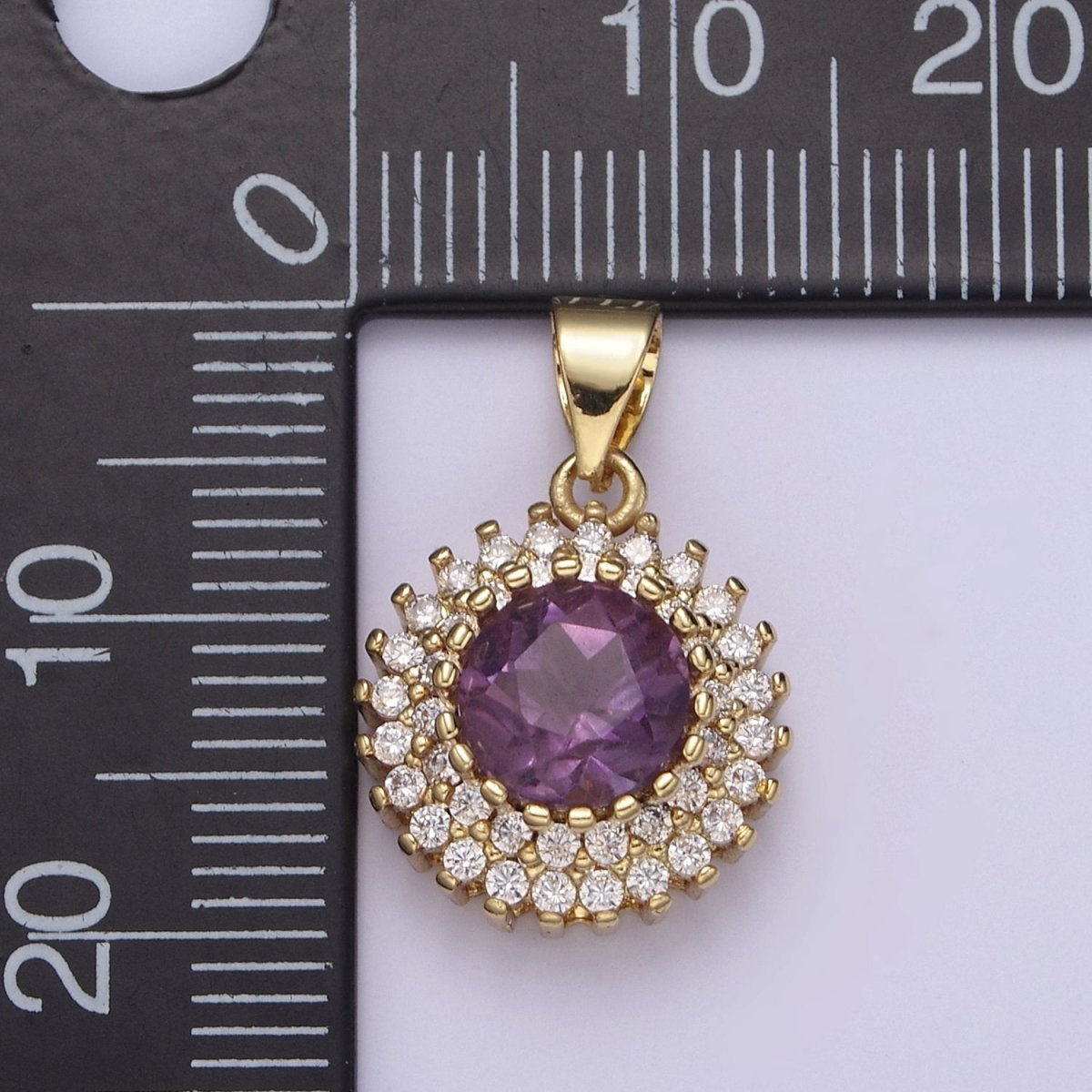 Purple Amethyst Round Charm with Clear Cubic Zircon Pendant for Minimalist Jewelry Gemstone H-835