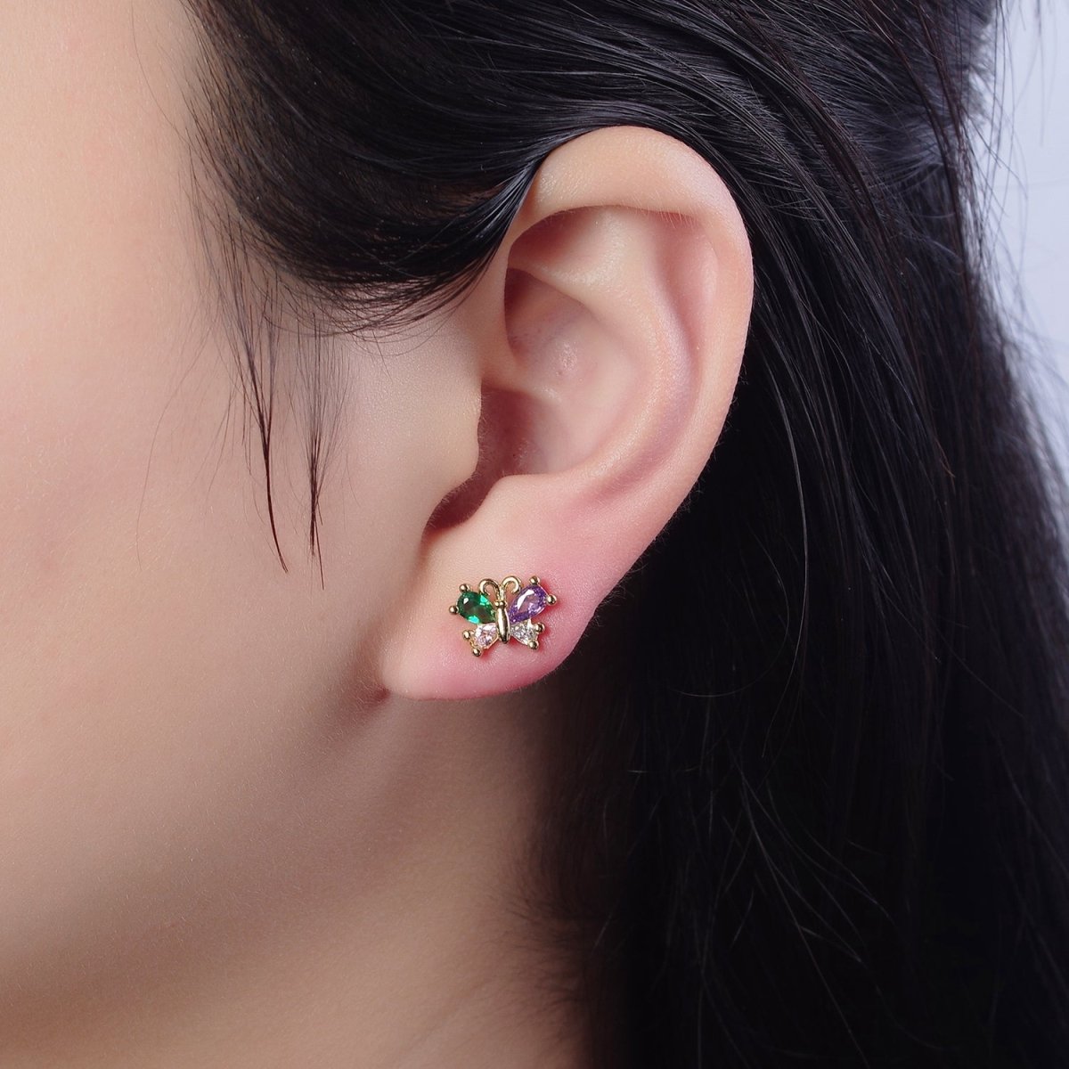 Purple Emerald Green Cz Butterfly Stud Earring Mariposa Jewelry V-110