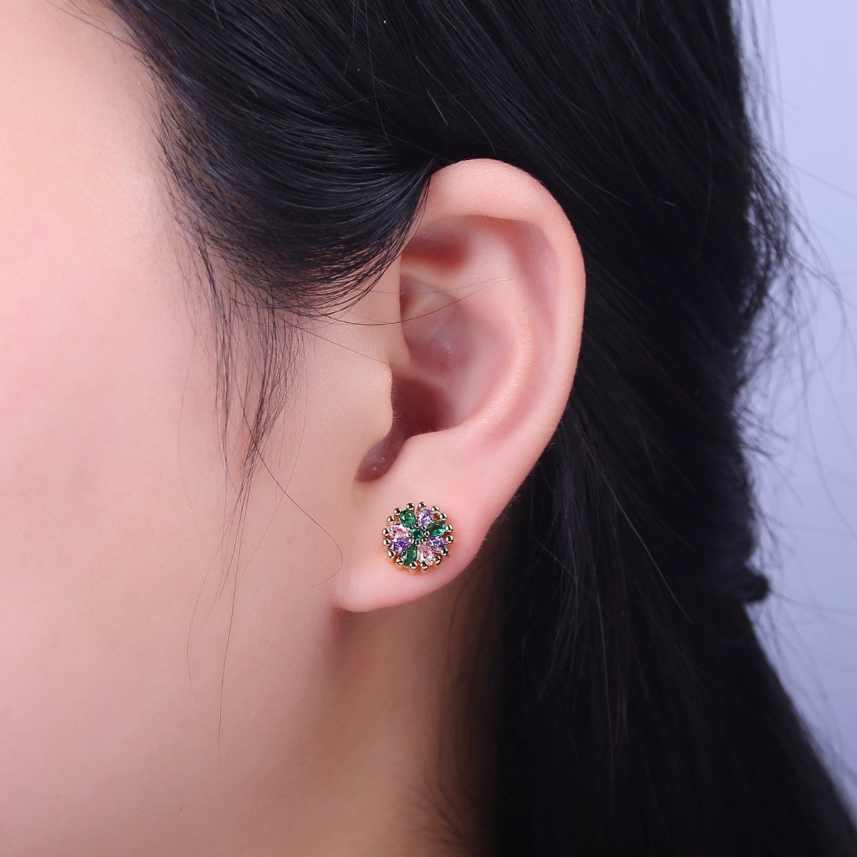 Purple Green Cz Sun Flower Stud Earring V-115
