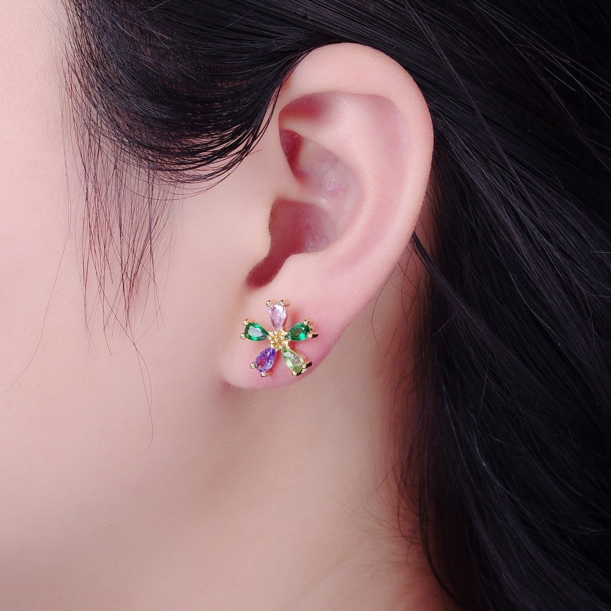 Purple Green Pink Cz Stone Flower Stud Earring T-521
