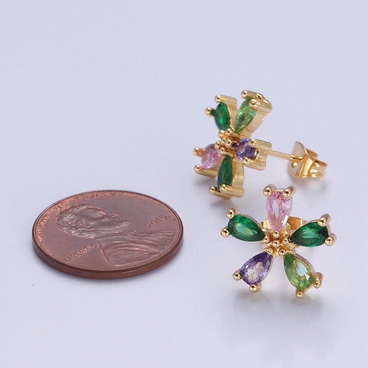 Purple Green Pink Cz Stone Flower Stud Earring T-521