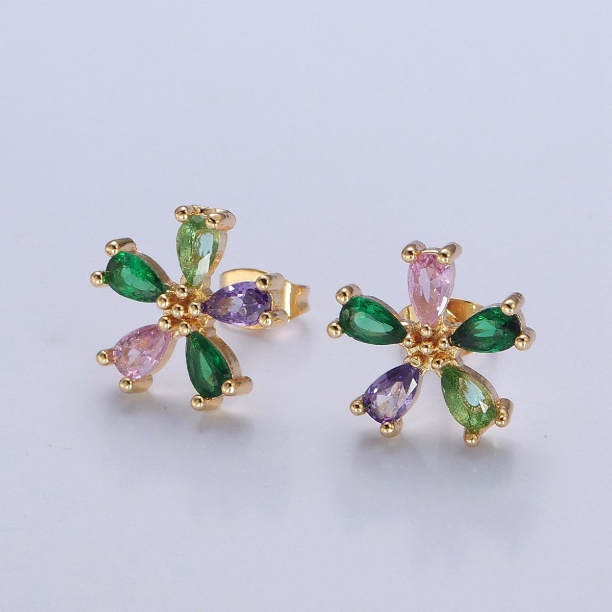 Purple Green Pink Cz Stone Flower Stud Earring T-521