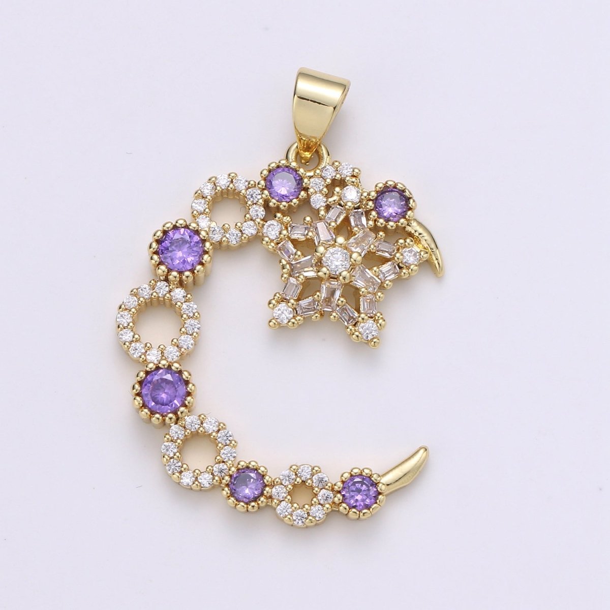 Purple Lilac Crystal Gold Filled Moon and Star Pendants  J-197