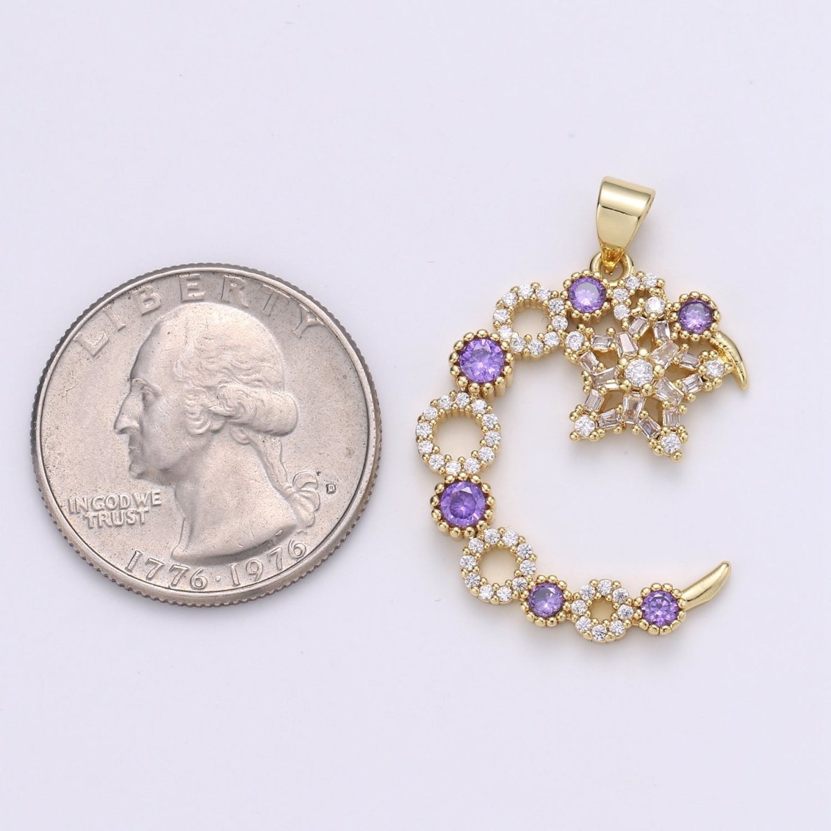 Purple Lilac Crystal Gold Filled Moon and Star Pendants  J-197
