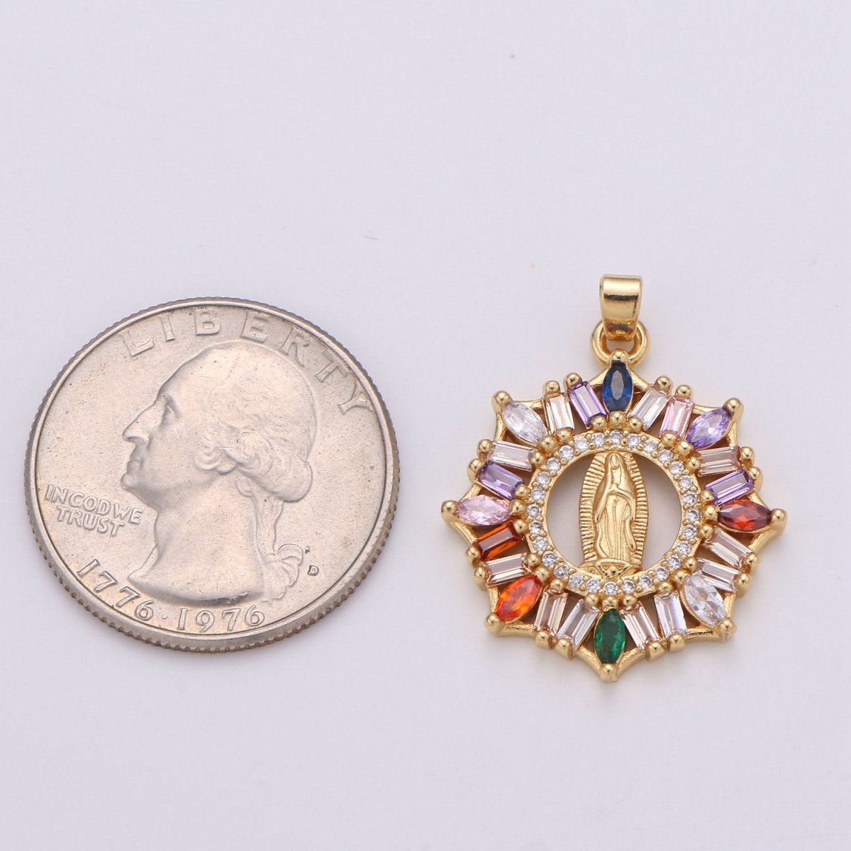 Rainbow 24K Gold Filled CZ Virgin Mary Pendant, Lady Guadalupe Baguette Charm, Mother of Jesus Medallion, Rosary Charm Religious Jewelry J-088 I-882