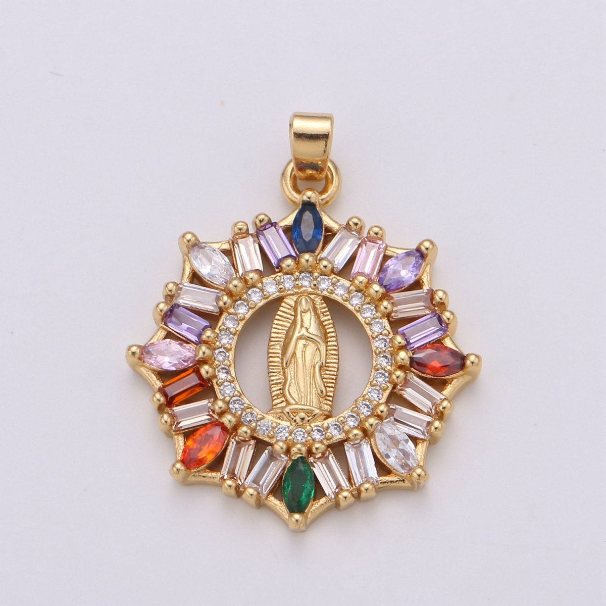 Rainbow 24K Gold Filled CZ Virgin Mary Pendant, Lady Guadalupe Baguette Charm, Mother of Jesus Medallion, Rosary Charm Religious Jewelry J-088 I-882