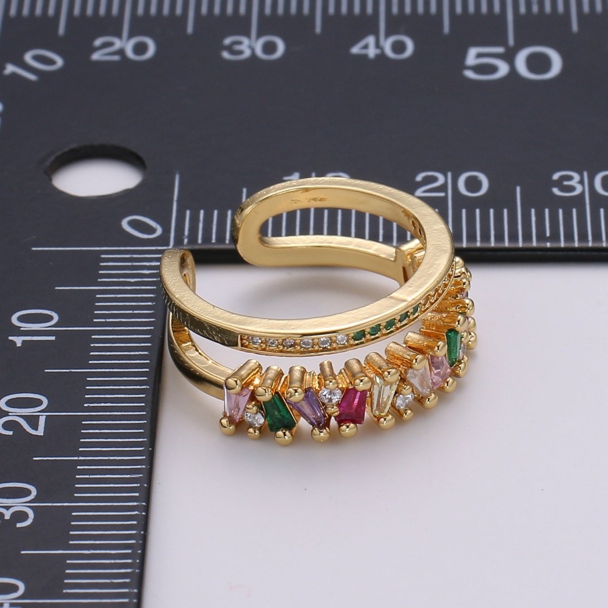 Rainbow Cz Double Baguette Ring, Open Ring Adjustable Ring, Double Band Ring, Wholesale Ring, Gold Jewelry gift for Birthday Ring-447