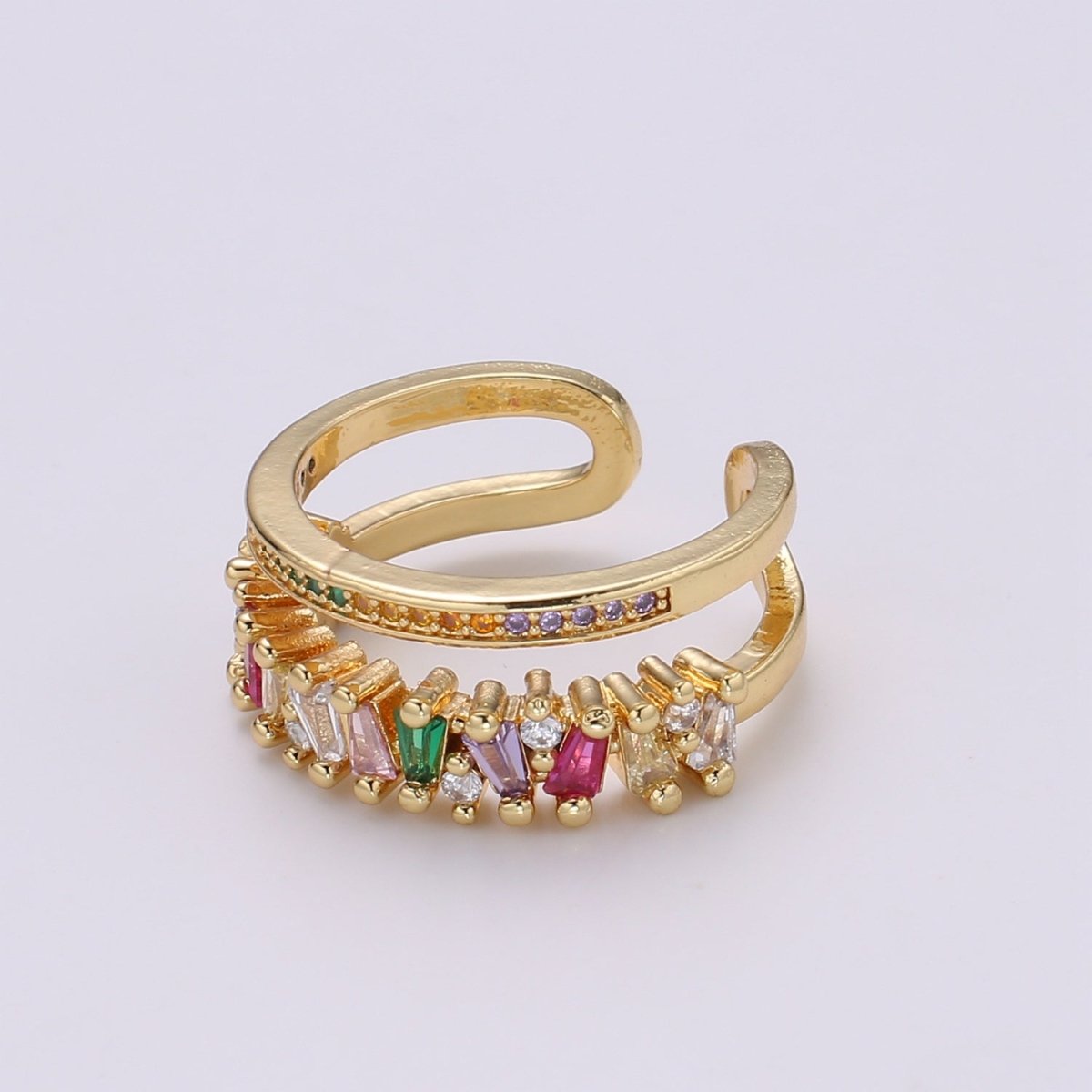 Rainbow Cz Double Baguette Ring, Open Ring Adjustable Ring, Double Band Ring, Wholesale Ring, Gold Jewelry gift for Birthday Ring-447