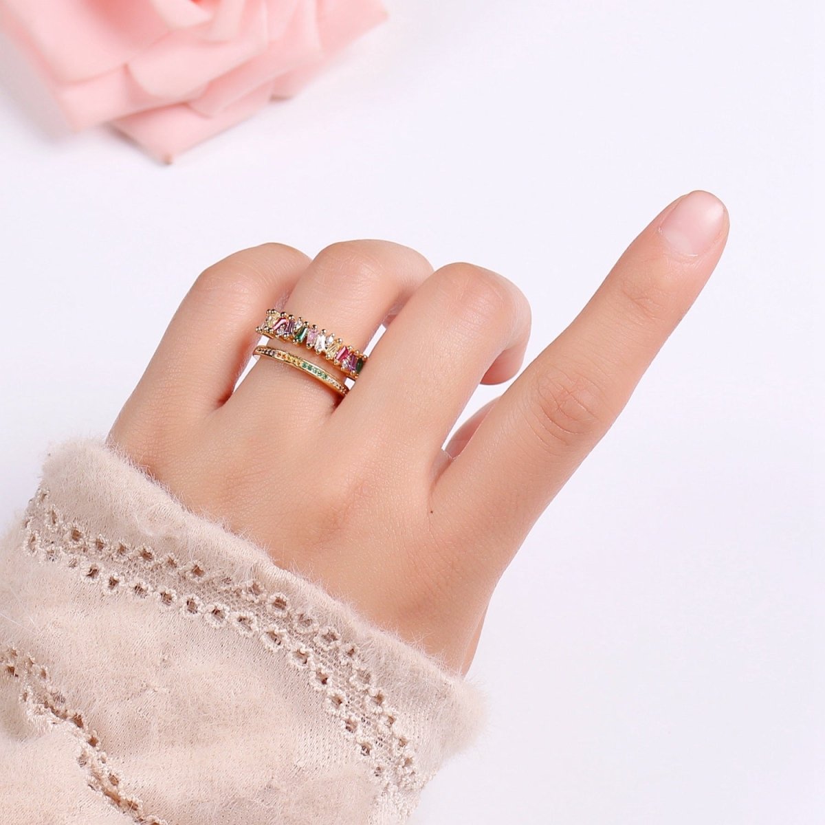 Rainbow Cz Double Baguette Ring, Open Ring Adjustable Ring, Double Band Ring, Wholesale Ring, Gold Jewelry gift for Birthday Ring-447