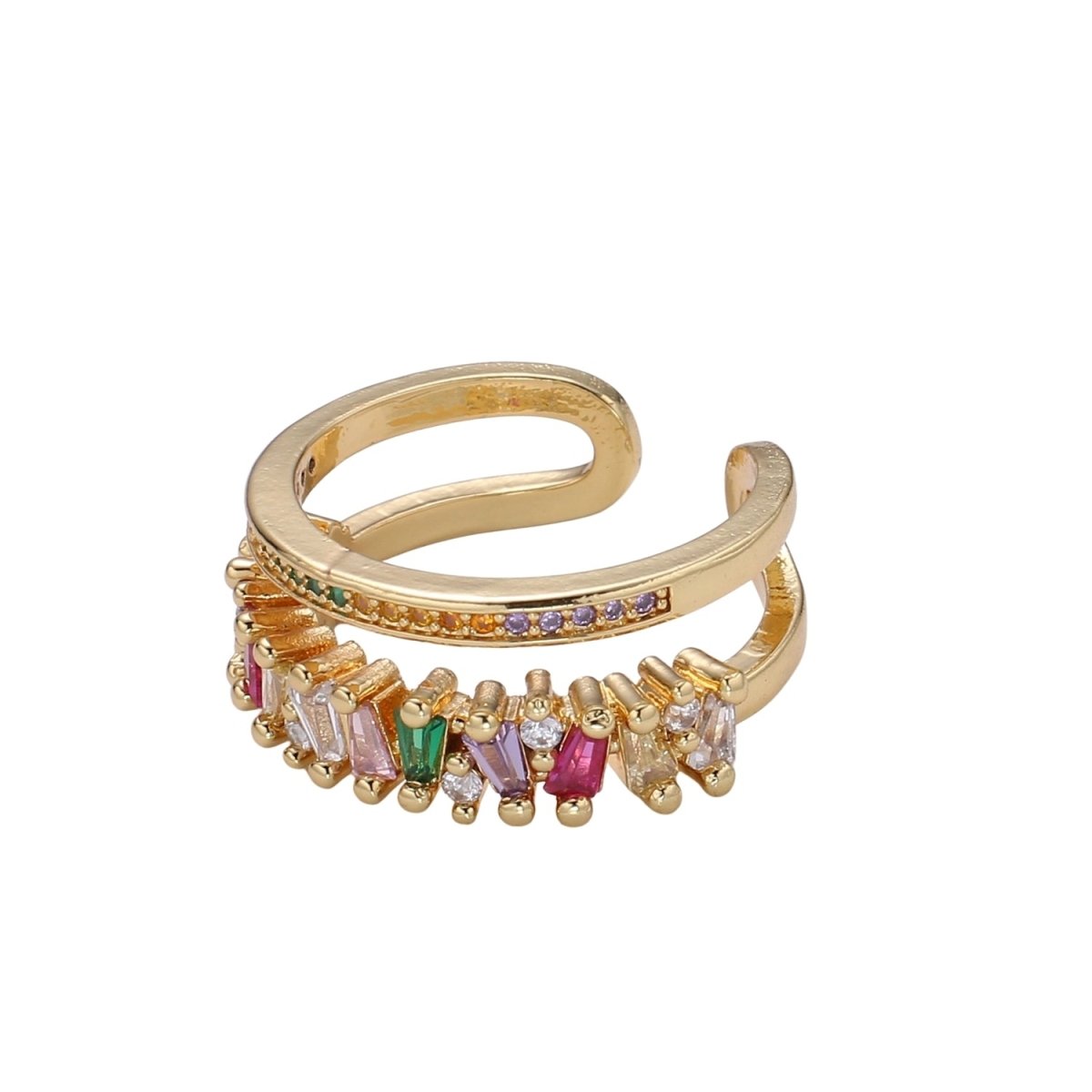 Rainbow Cz Double Baguette Ring, Open Ring Adjustable Ring, Double Band Ring, Wholesale Ring, Gold Jewelry gift for Birthday Ring-447