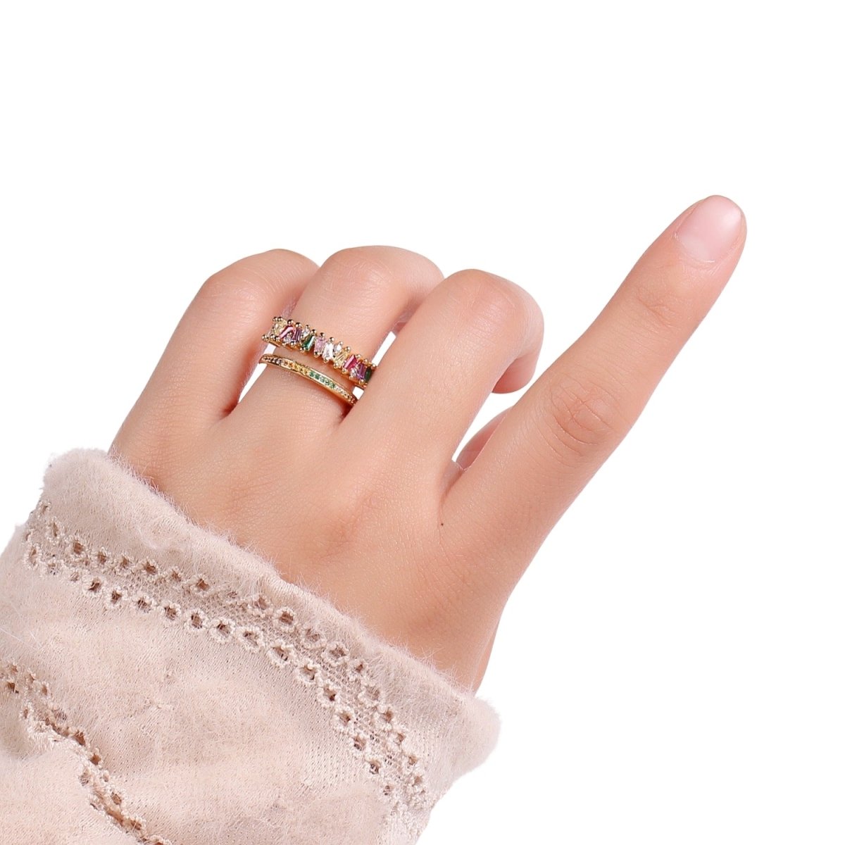 Rainbow Cz Double Baguette Ring, Open Ring Adjustable Ring, Double Band Ring, Wholesale Ring, Gold Jewelry gift for Birthday Ring-447