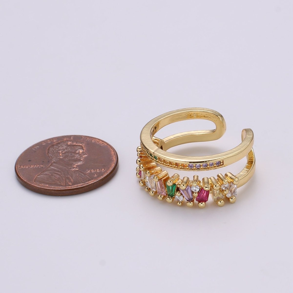 Rainbow Cz Double Baguette Ring, Open Ring Adjustable Ring, Double Band Ring, Wholesale Ring, Gold Jewelry gift for Birthday Ring-447