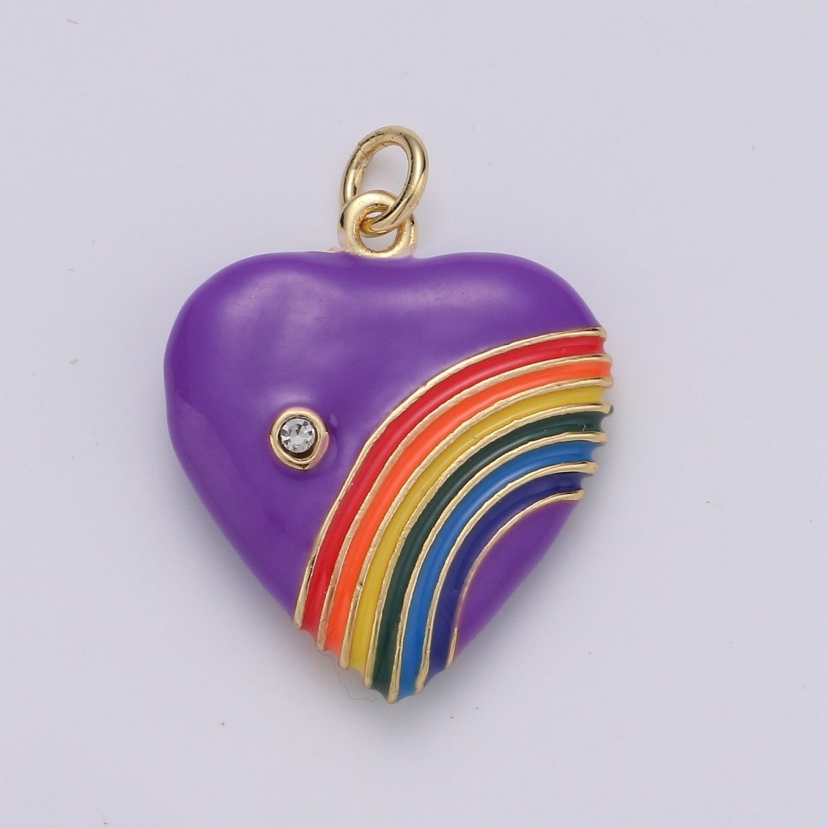 Rainbow Heart Charms, Enamel with Cubic Zirconia Crystal, Retro 1980's Style Charm Vintage Heart Pendant Red, Pink, Turquoise, Purple, Red C-805~C-812