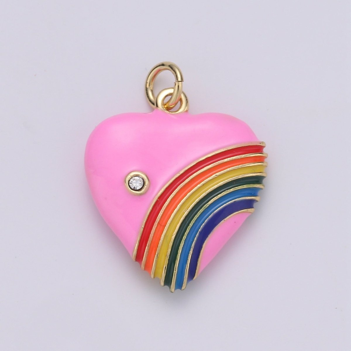 Rainbow Heart Charms, Enamel with Cubic Zirconia Crystal, Retro 1980's Style Charm Vintage Heart Pendant Red, Pink, Turquoise, Purple, Red C-805~C-812