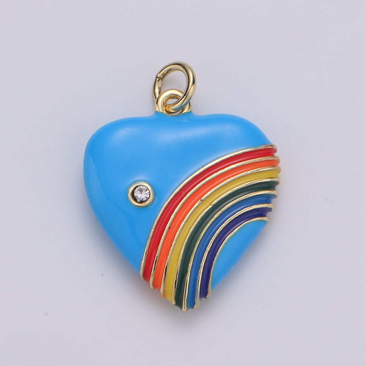 Rainbow Heart Charms, Enamel with Cubic Zirconia Crystal, Retro 1980's Style Charm Vintage Heart Pendant Red, Pink, Turquoise, Purple, Red C-805~C-812