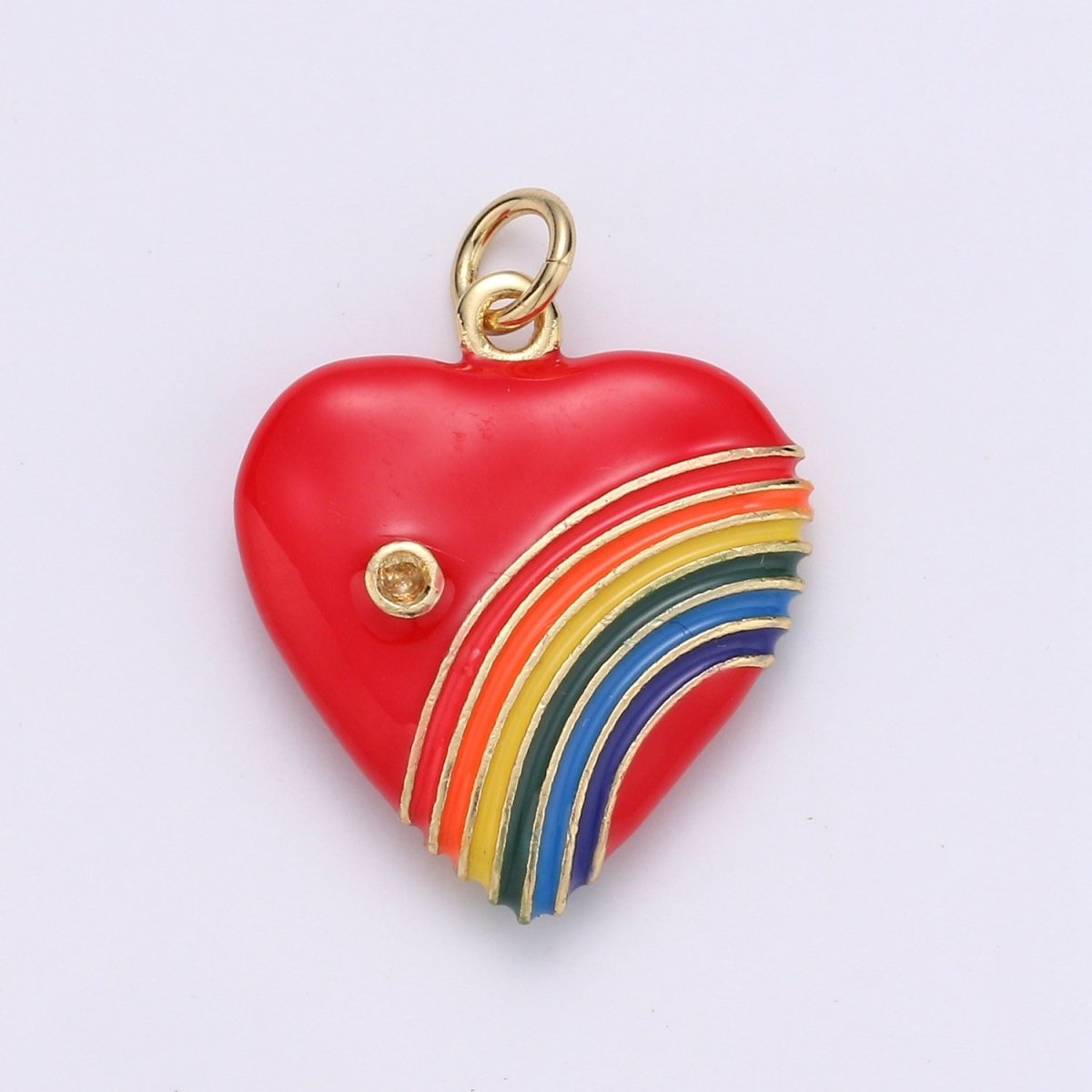 Rainbow Heart Charms, Enamel with Cubic Zirconia Crystal, Retro 1980's Style Charm Vintage Heart Pendant Red, Pink, Turquoise, Purple, Red C-805~C-812