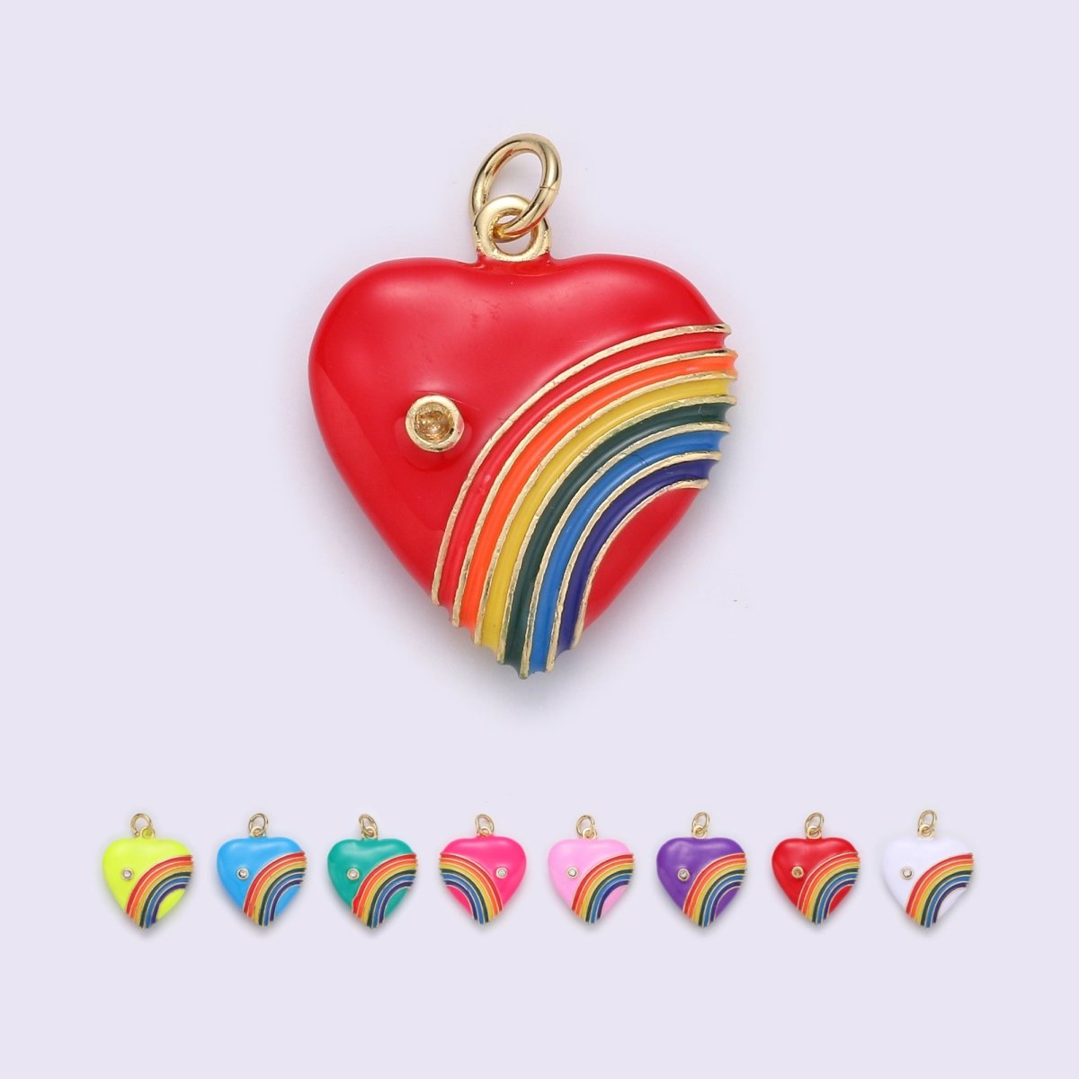 Rainbow Heart Charms, Enamel with Cubic Zirconia Crystal, Retro 1980's Style Charm Vintage Heart Pendant Red, Pink, Turquoise, Purple, Red C-805~C-812