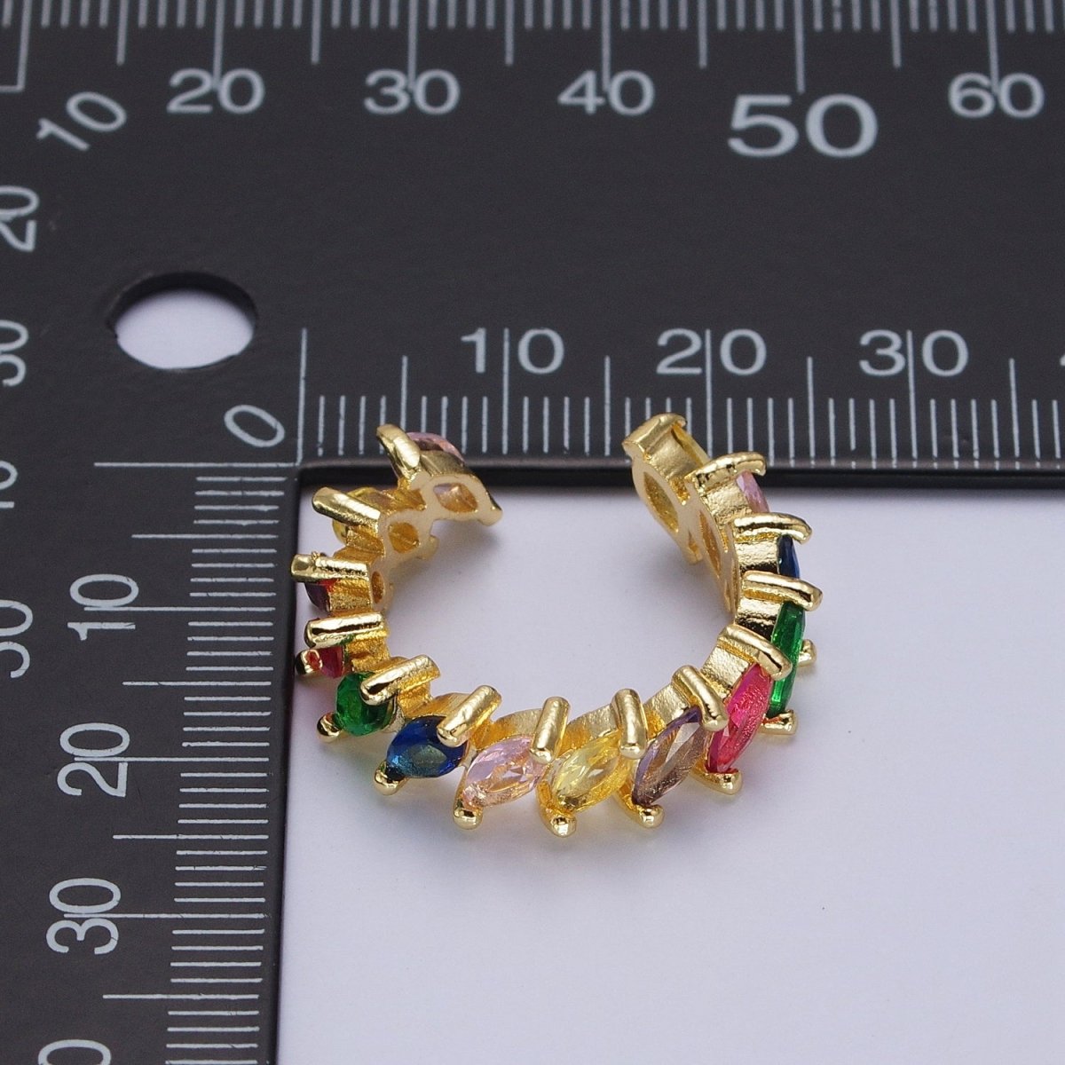 Rainbow Multicolor Marquise Sideway CZ Lined Adjustable Gold Ring | O-210
