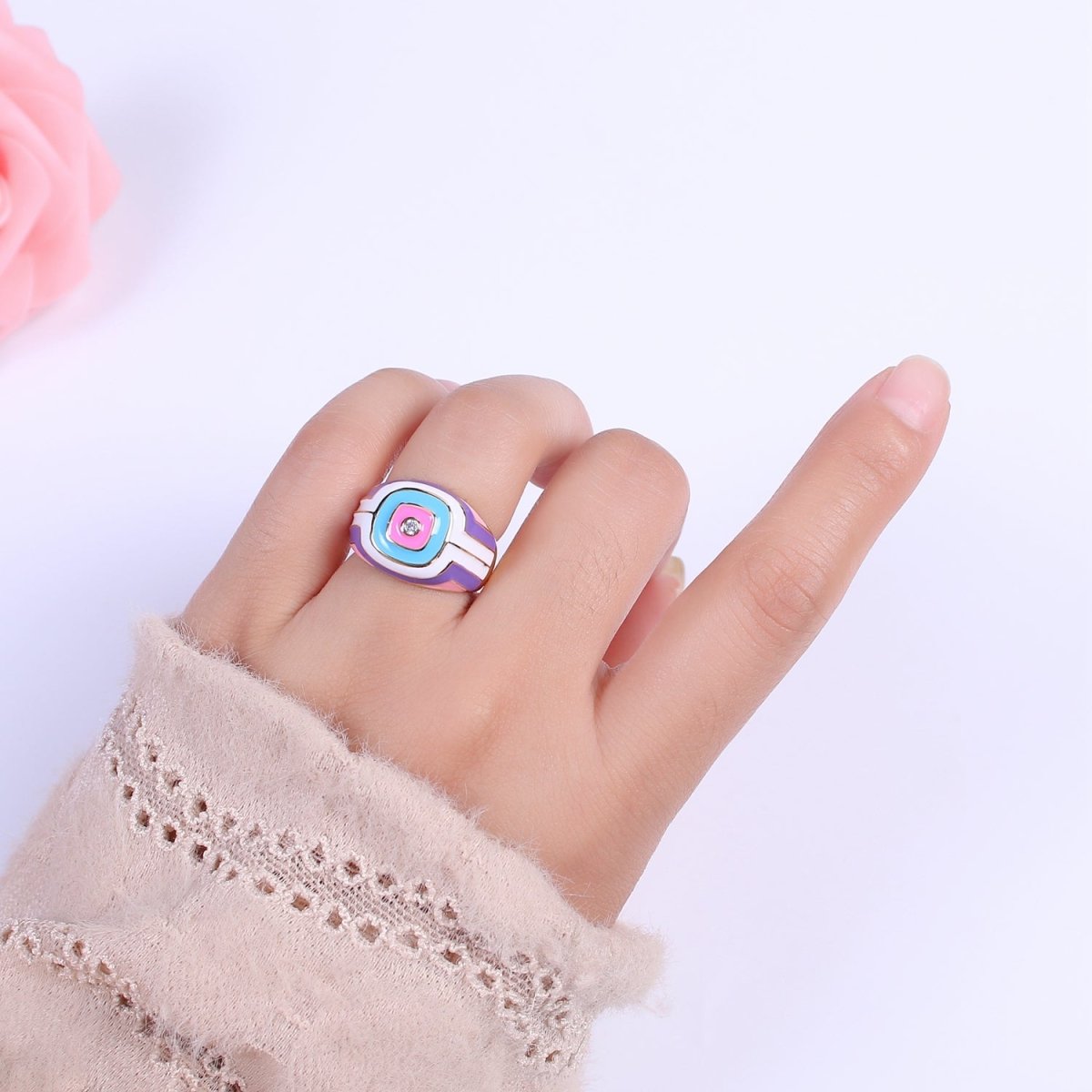 Rainbow Pastel Geometric Dome Rings-Pink Purple White Y2K Ring-Colorful Chunky Dome Ring Statement Accent Ring U-207 ~ U-209