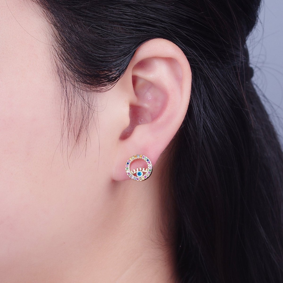 Rainbow Round Stud Earring Evil Eye Stud Earring T-475