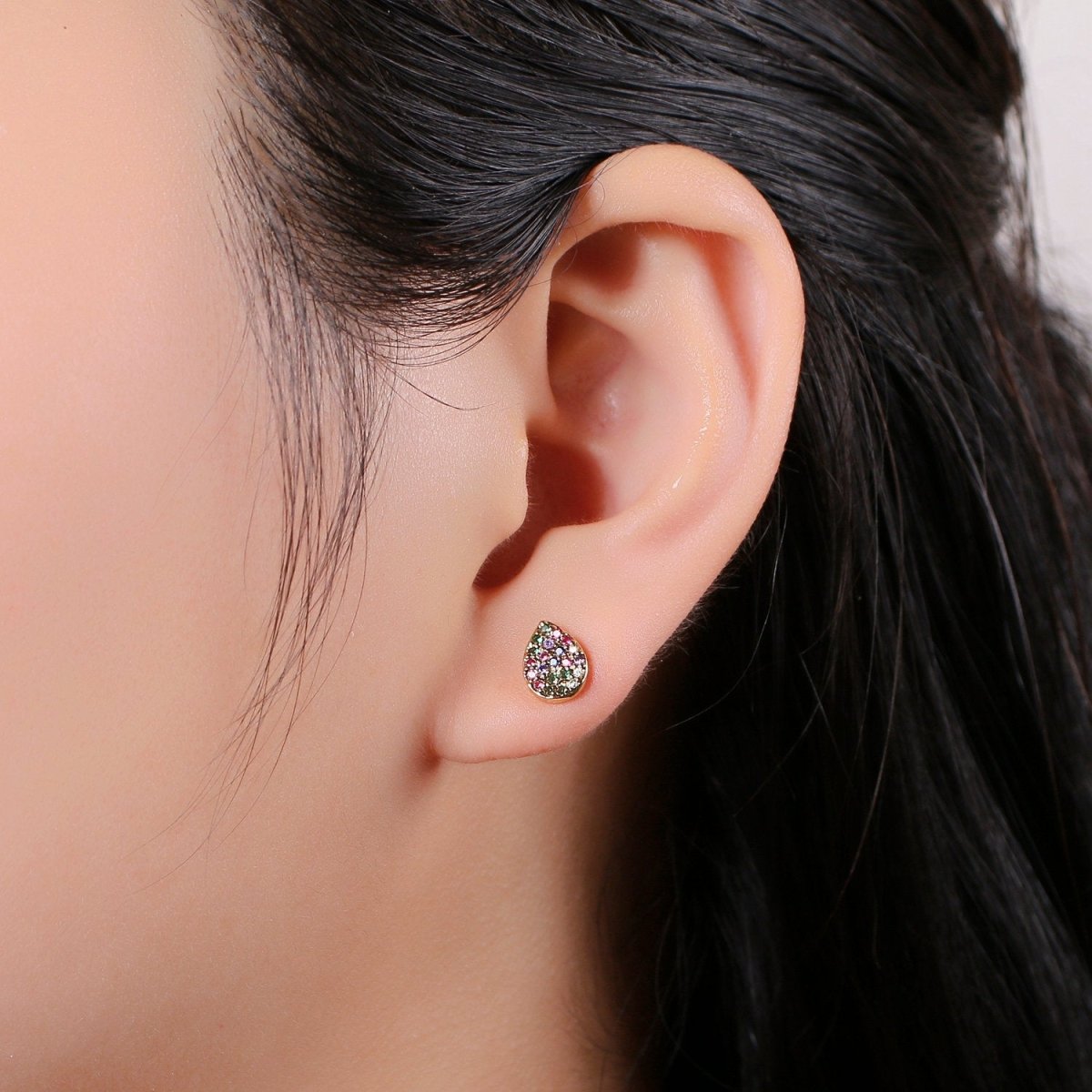 Rainbow Tiny CZ Tear Drop Stud Earrings Dainty Multi Color TearDrop Stud Earring Gold Minimalist Jewelry Gift For her christmas gift Q-250