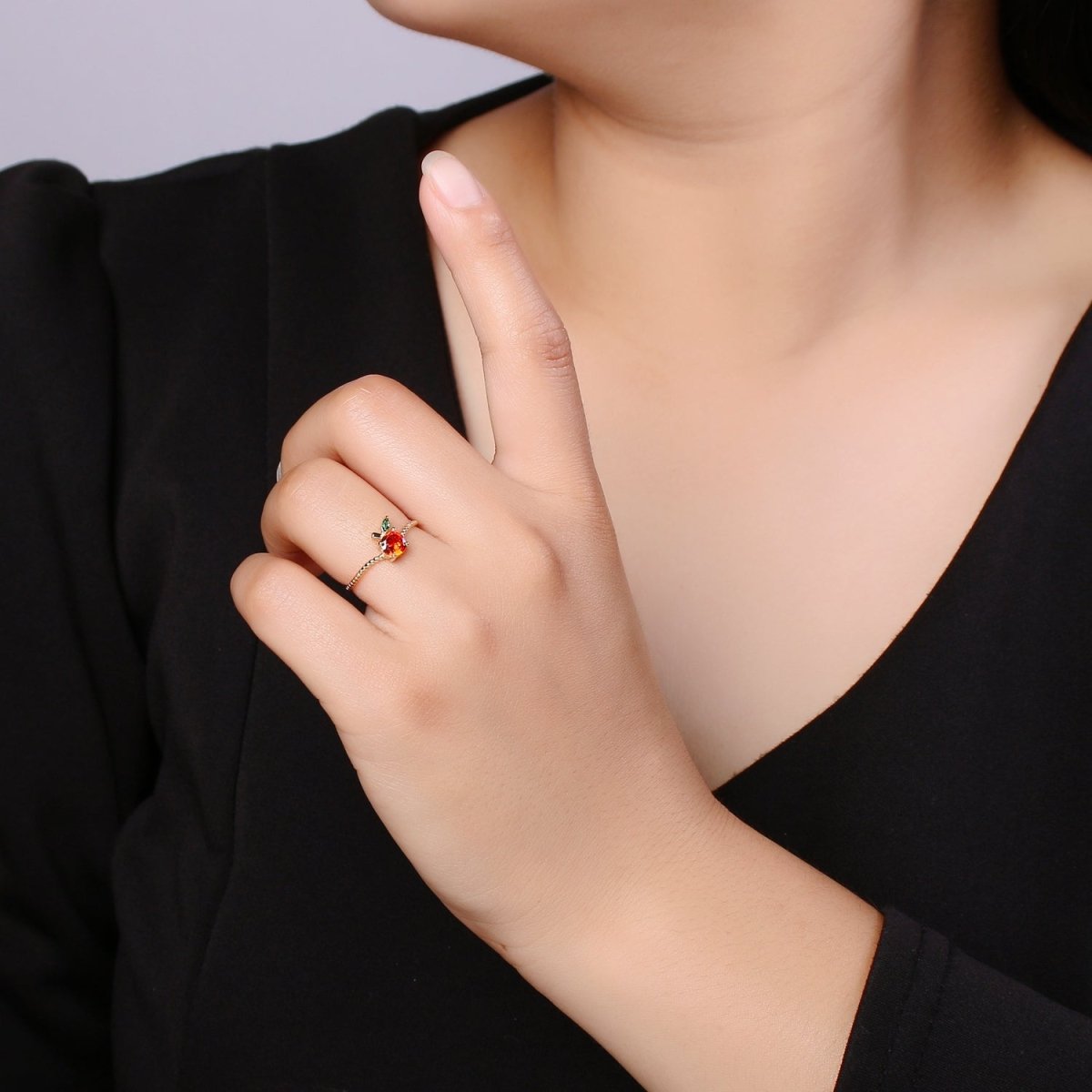 Red Cherry Gold Filled beaded Band Adjustable Ring - R492
