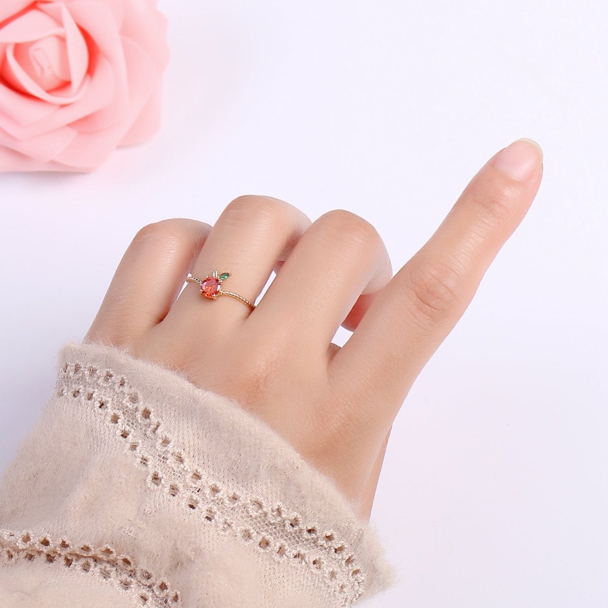 Red Cherry Gold Filled beaded Band Adjustable Ring - R492