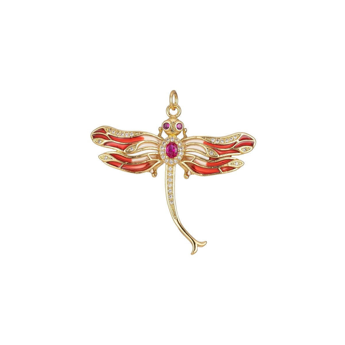 Red Dragonfly Pendant - Large Gold Dragon Fly Charm- Cubic Animal Pendant E-902