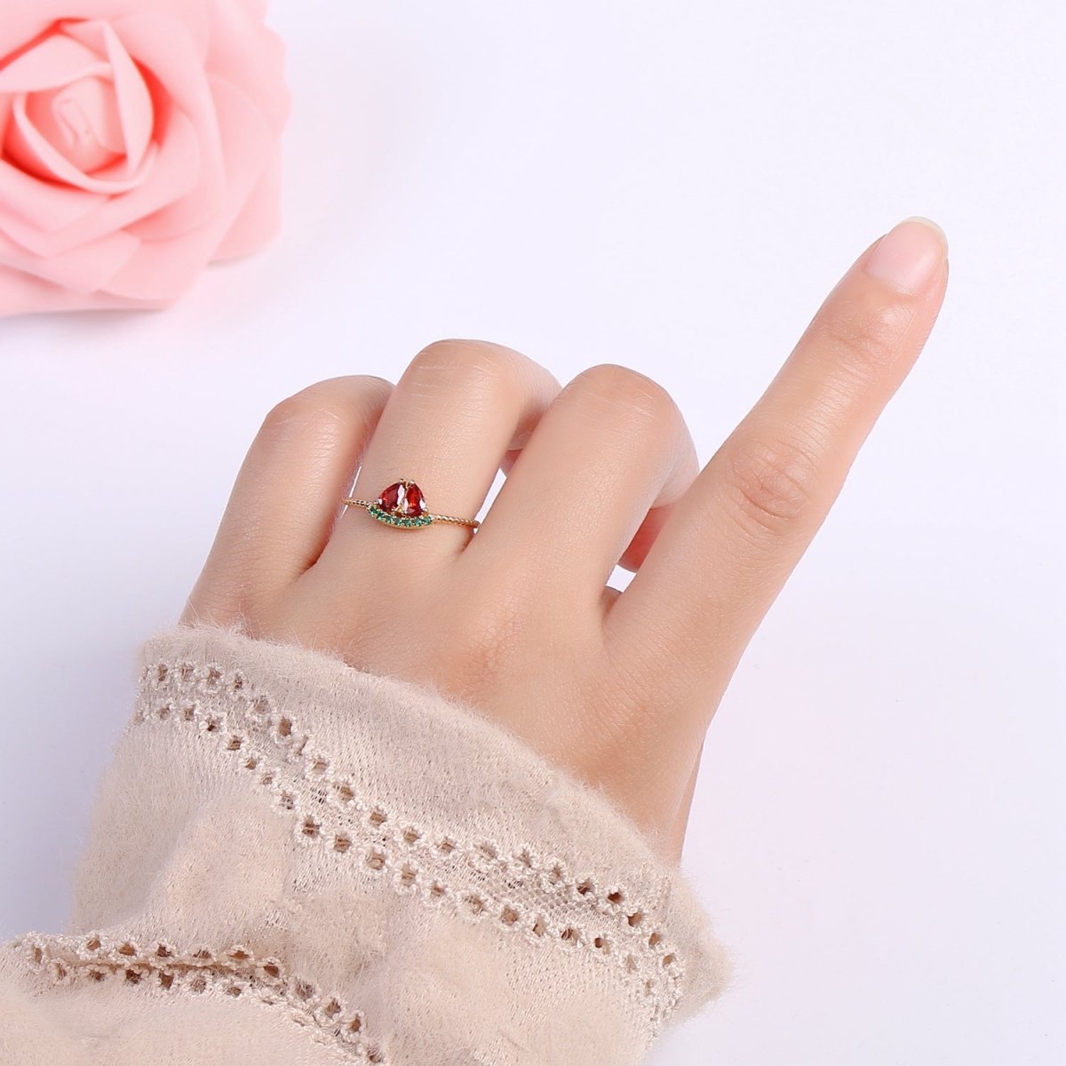 Red Watermelon Gold Filled Adjustable Ring - R493