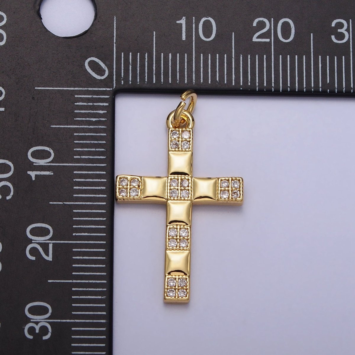 Religious Cross Checkered Gold Clear Micro Paved CZ Gold Charm | AC220