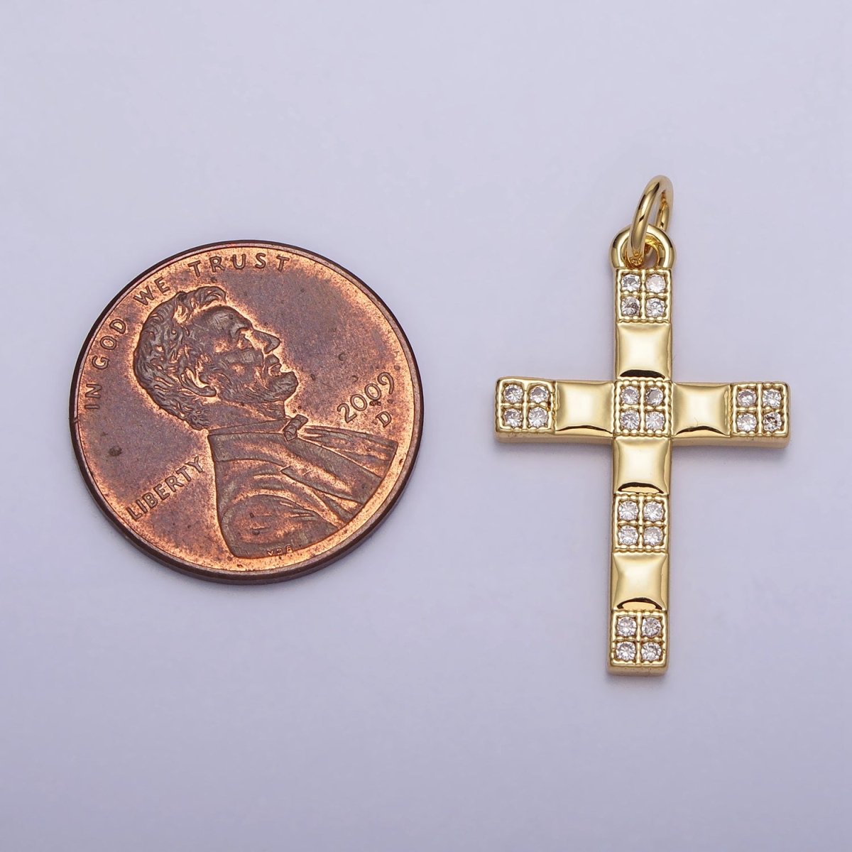 Religious Cross Checkered Gold Clear Micro Paved CZ Gold Charm | AC220