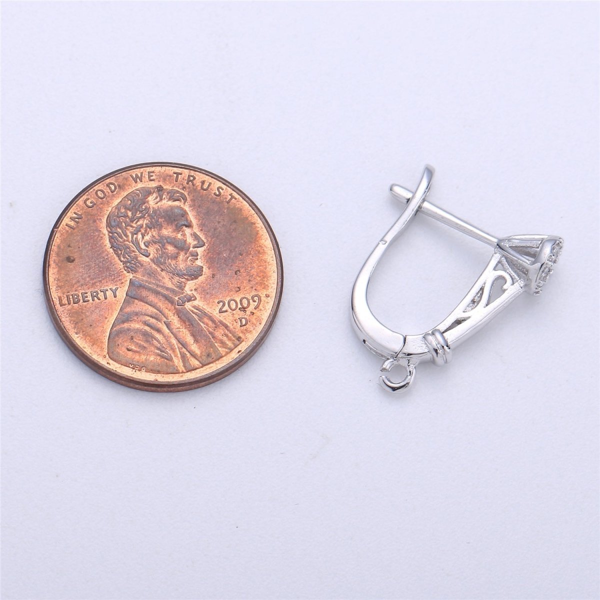 Rhodium Plated 20mm Round Clear CZ English Lock Earrings Open Loop Findings Supply | K284