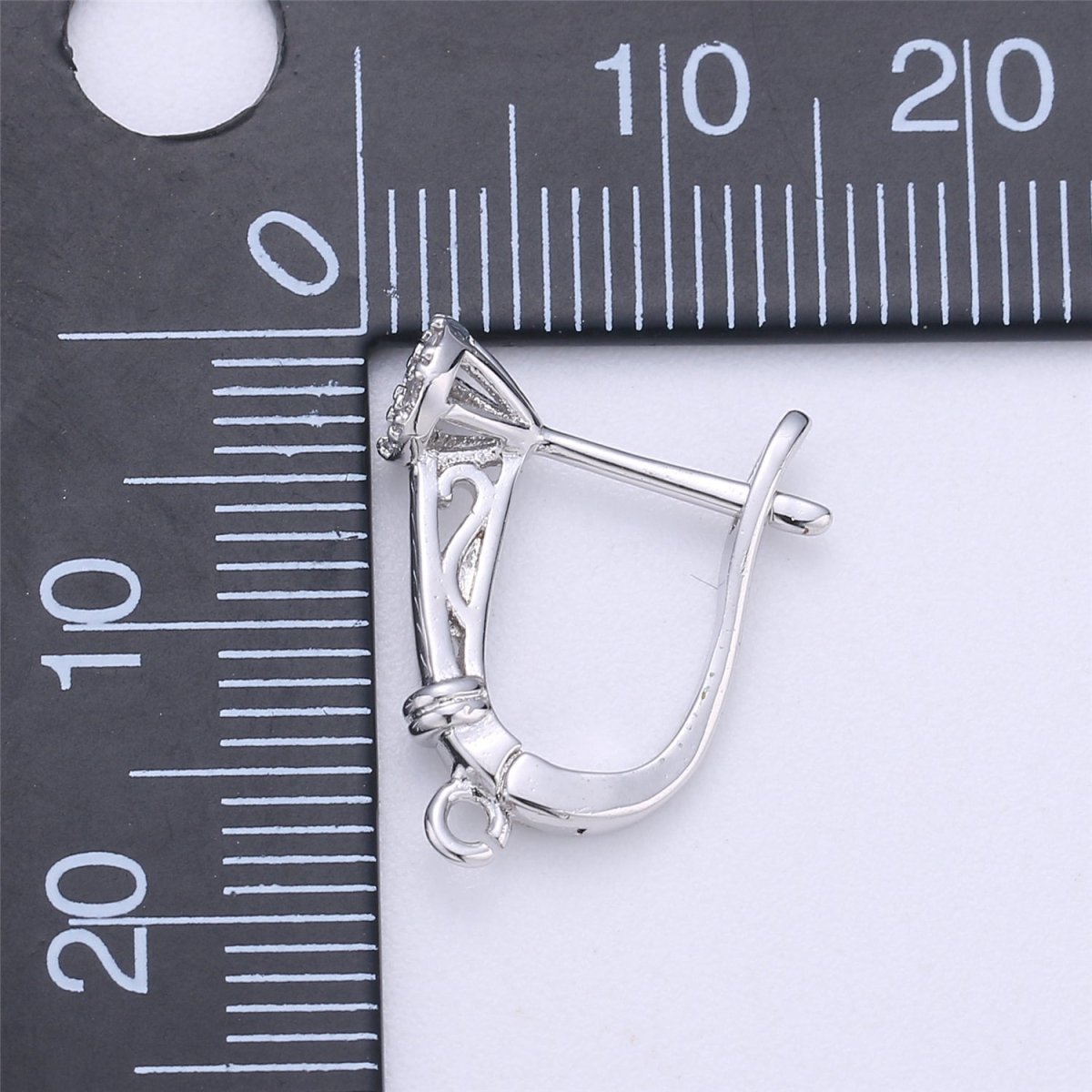Rhodium Plated 20mm Round Clear CZ English Lock Earrings Open Loop Findings Supply | K284