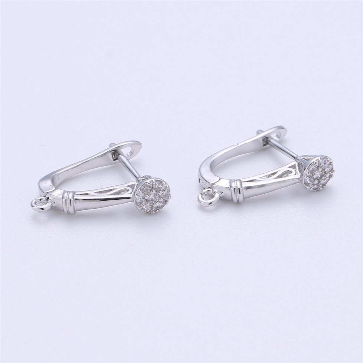 Rhodium Plated 20mm Round Clear CZ English Lock Earrings Open Loop Findings Supply | K284